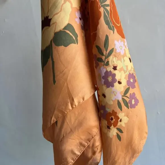 Vintage Silk? Floral Handmade Printed Scarf Orange White Yellow Square 24x24 - Picture 11 of 15